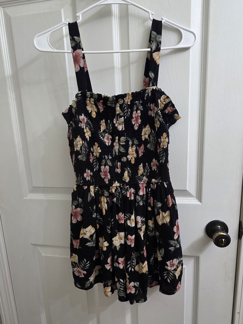 Hollister Black Floral Smocked Romper with Pink and Yellow Blossoms